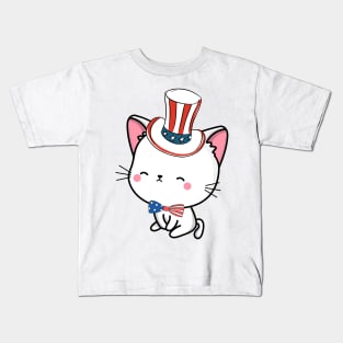 Funny white cat is ready for independence day Kids T-Shirt